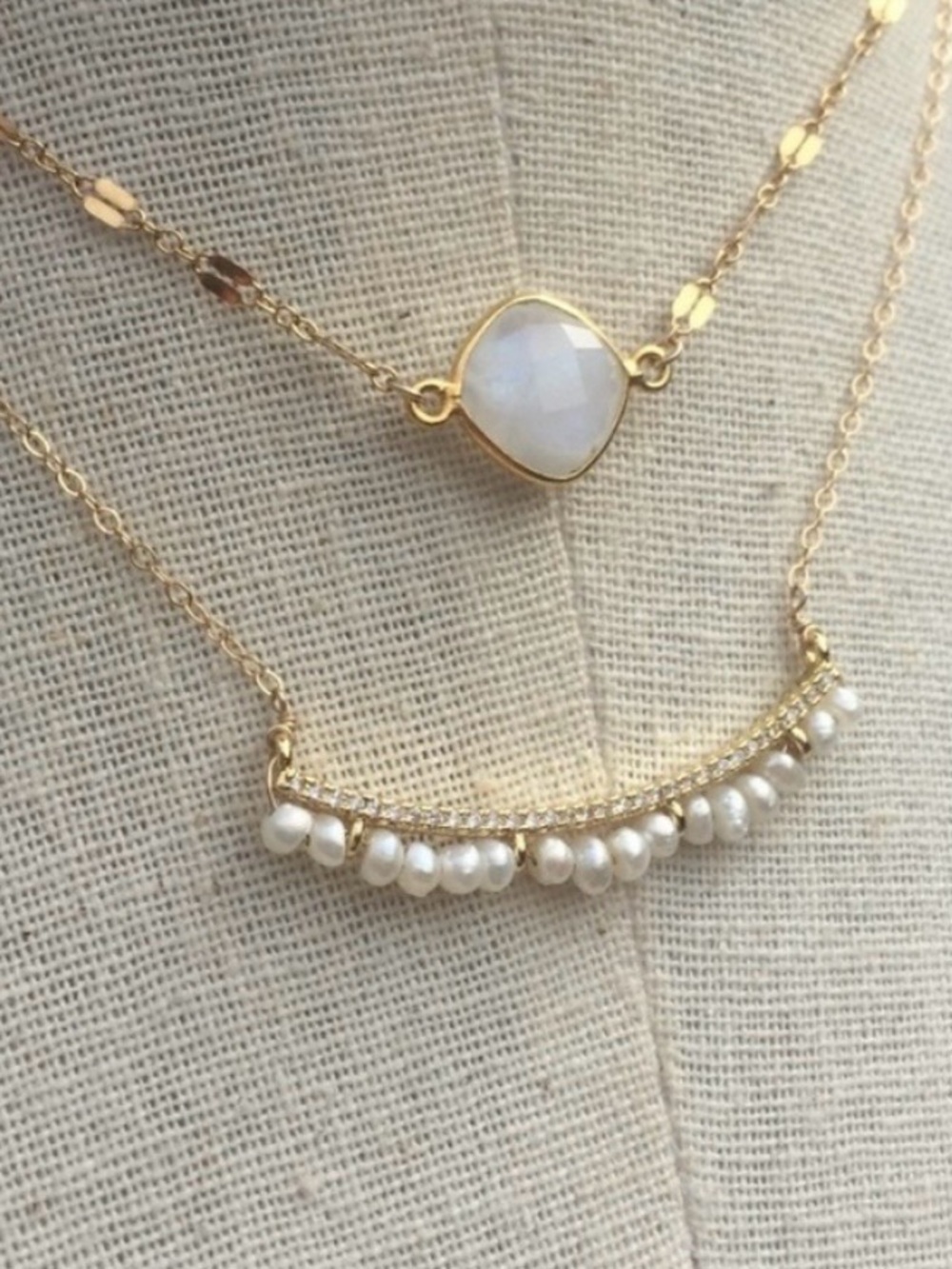 14K Gold over Sterling Silver Pearl Fringe Bar Necklace - Picture 3 of 9